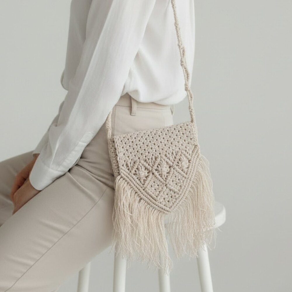 Handmade Boho Cream Macrame Crossbody Purse - Festival Ready Fringe Detail - Picture 10 of 10